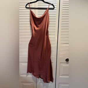Petal & Pup Spaghetti Strap Asymmetrical Dress in Copper Satin
